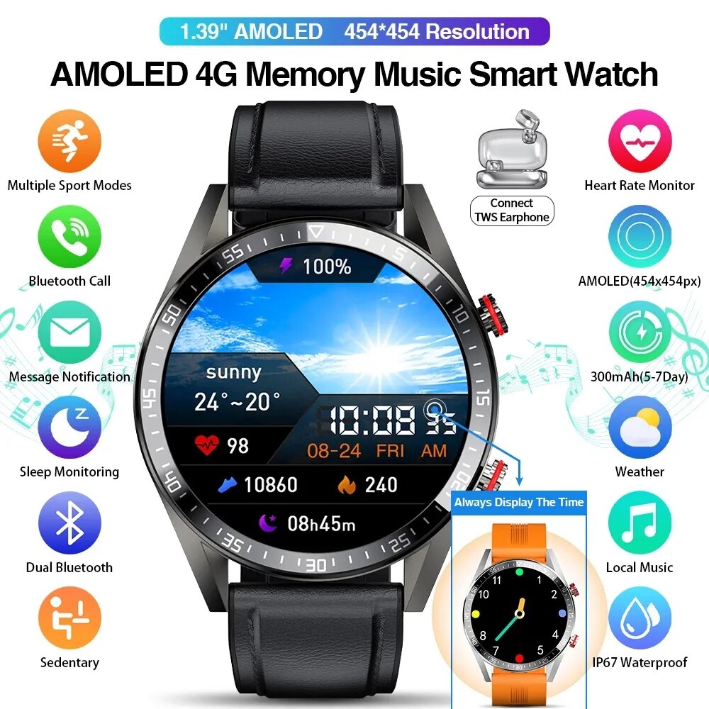 2023 New 454*454 Screen Smart Watch Always Display The Time Bluetooth Call Local Music Smartwatch For Men's Huawei Xiaomi Phone