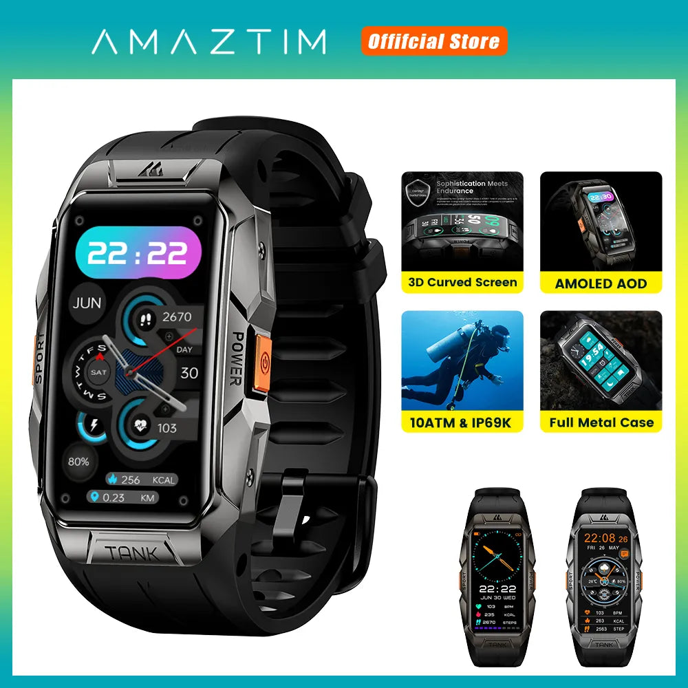 AMAZTIM TANK X1 Fitness Smartwatch 1.47" AMOLED AOD Screen 10ATM Waterproof Watch Digital Electronic Smart Watch for Men Women