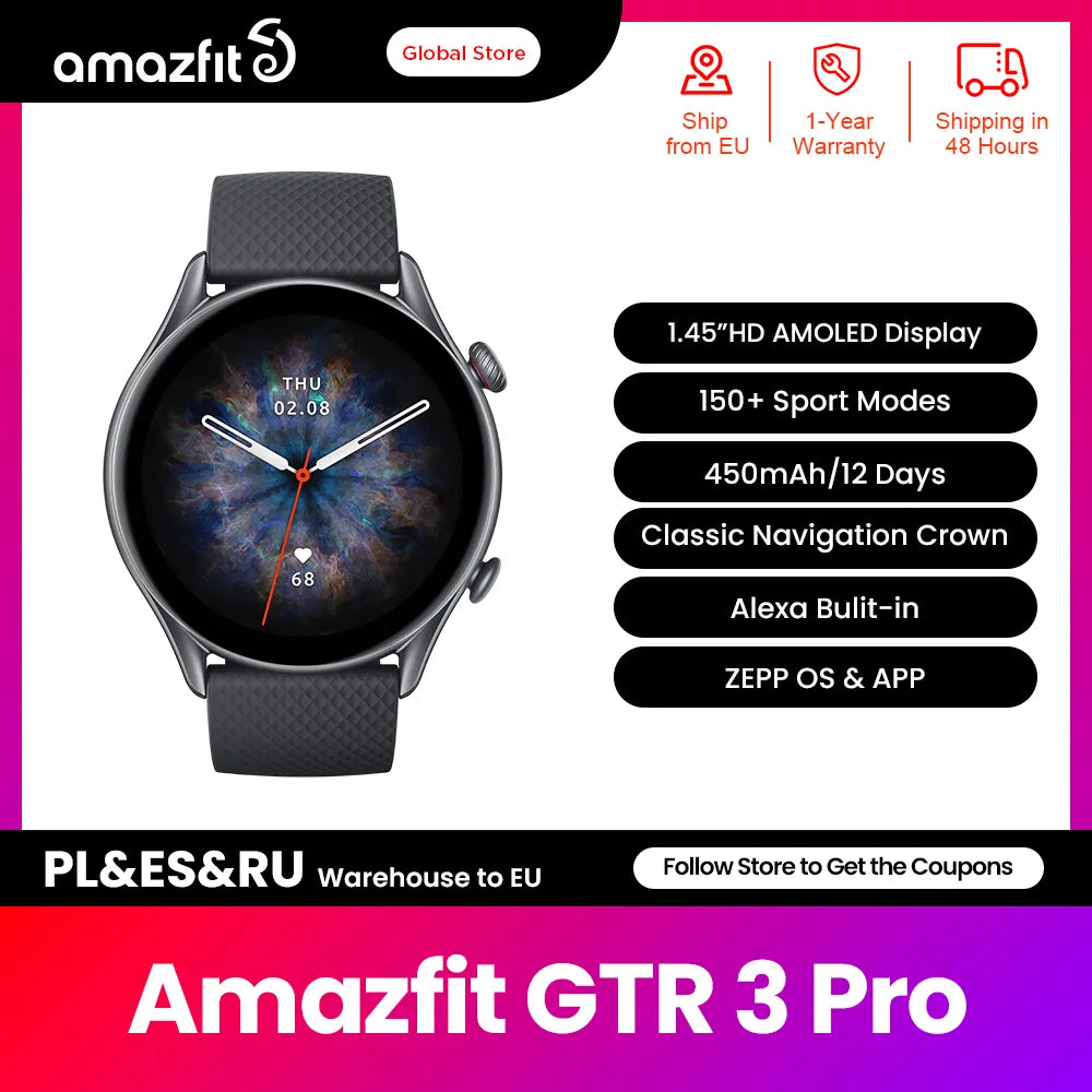 New Amazfit GTR 3 Pro GTR3 Pro GTR-3 Pro Smartwatch 1.45" AMOLED Display Alexa Built-in GPS with Zepp OS for Android IOS